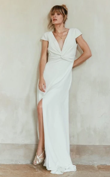 Satin A-Line V-neck Beach Wedding Dress With Open Back And Appliques