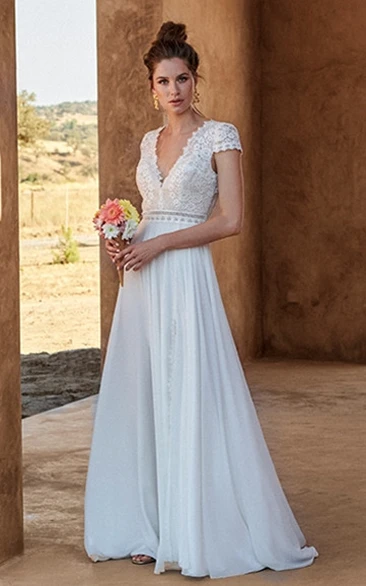 Casual A-Line Lace Chiffon V-neck Wedding Dress with Split Front
