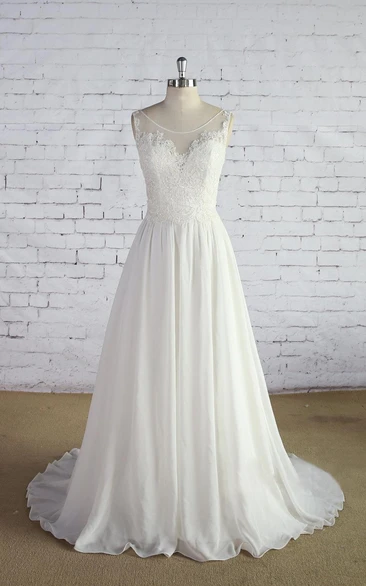 Scoop Neck Sleeveless Long A-Line Chiffon Wedding Dress With Lace Bodice