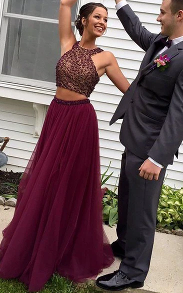 Two Piece Long Chiffon Prom Dress with Long Sleeves