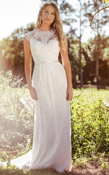 Sheath Scoop-Neck Floor-Length Sleeveless Lace Wedding Dress With Appliques And Illusion
