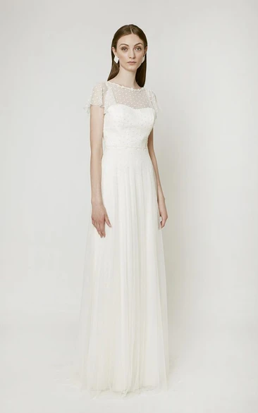 Elegant Illusion Short Sleeve Wedding Dress With Open Back