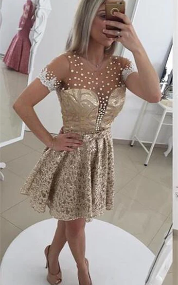 Glamorous Pearls Lace Cocktail Dress Illusion Short Sleeve