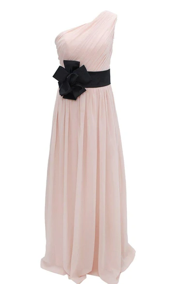 One-shoulder Chifon Dress With Floral Belt