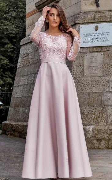 Elegant A Line Long Sleeve Lace Bateau Floor-length Guest Dress with Ruching