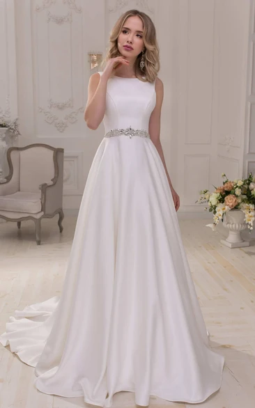 Scoop-Neck Sleeveless Satin A-Line Wedding Dress With Beaded Waist