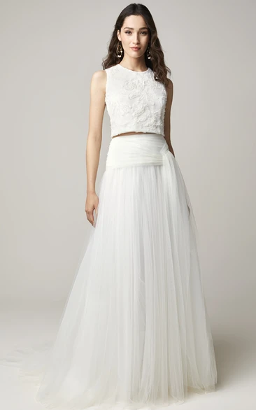Romantic Two Piece Bateau Tulle Wedding Gown with Sash