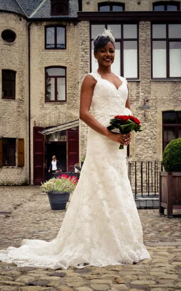 Long Lace V-Neck Wedding Dress With Keyhole Back