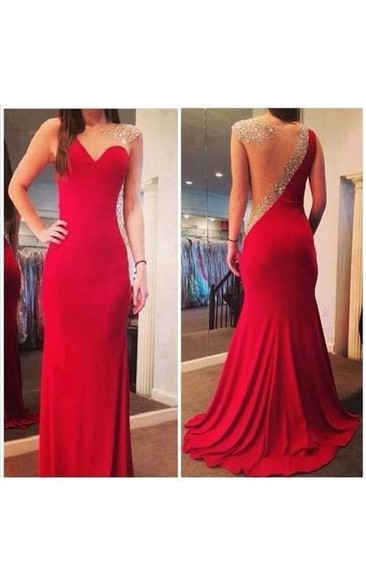 Long Fashion Sexy Mermaid Prom Gowns Red Sheer Back Scoop Chiffon Evening Dresses With Crystal Beaded