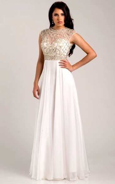 Chiffon A-Line Cap Sleeve Prom Dress With Metallic Bodice