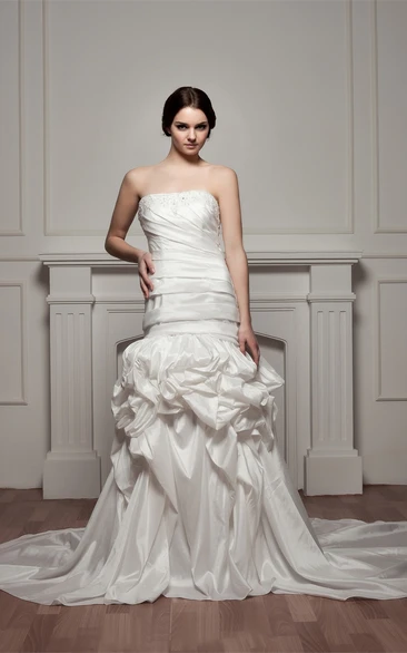 Strapless Ruched Pick-Up Gown with Pleats and Beading