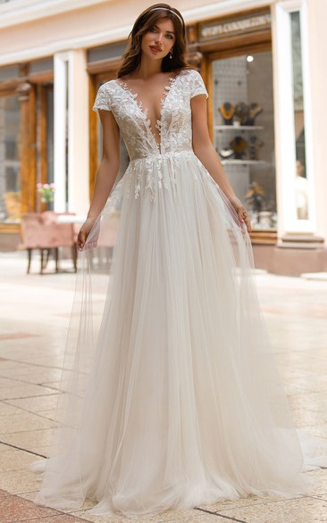 Sexy A Line Plunging Neckline Tulle Sweep Train Wedding Dress with Appliques