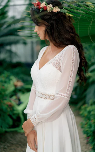 A-Line Casual V-neck Chiffon Garden Wedding Dress with Low-V