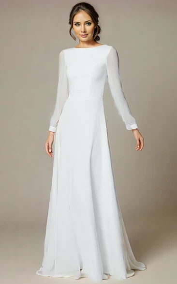Simple Modest Long Sleeve A-Line Jewel Chiffon Wedding Dress Vintage Chic Solid Sheath Bridal Gown with Floor Length