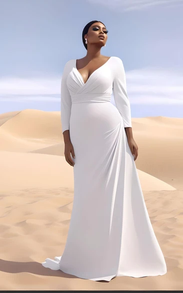 2023 Plus Size Mermaid 3/4 Length Sleeve Chiffon Wedding Dress V-neck Simple Casual Sexy Bohemian Elegant Sweep Train