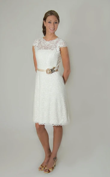 Scalloped Cap Low-V Back Lace Wedding Dress With Sash And Flower