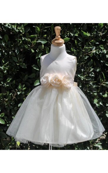 Sleeveless Jewel Neck Flower Waist Tulle Special Occasion Dress With Satin Bodice