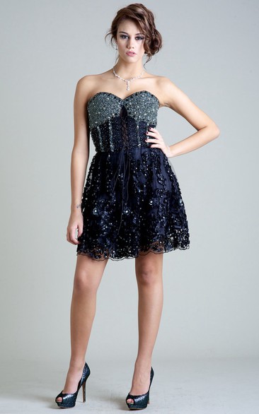 A Line Sleeveless Sweetheart Beaded Short Mini Prom Dress With Appliques