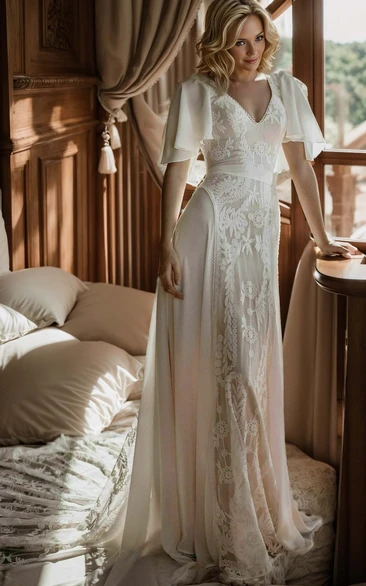 Modest Vintage Boho A-Line Lace Wedding Dress Floral Casual V-Neck Short Butterfly Sleeve Low Back Chiffon Court Train Bridal Gown