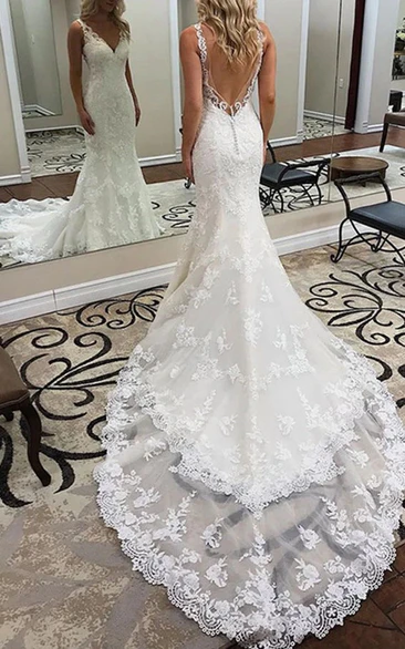 Low back fishtail wedding dress best sale