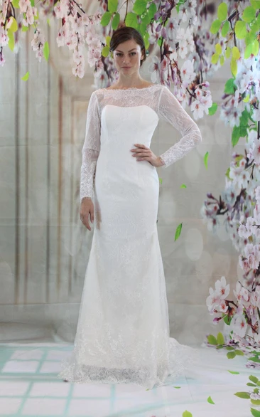 Bateau Neck Long Sleeve Lace Wedding Dress With V-Back