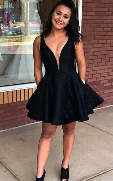 Casual Satin A Line V-neck Homecoming Dress With Tied Back
