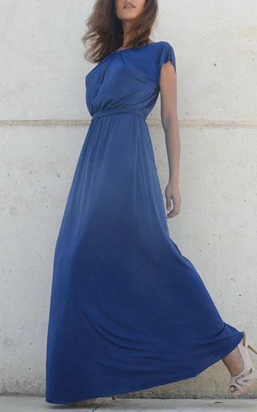 Fall Blue Bridesmaid Symmetrical Folds On Neckline Floor Length Bridesmaid Dress