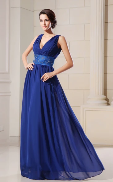 Empire A-Line V-Neck Low Graceful Gown With Crystal Detailing Waist
