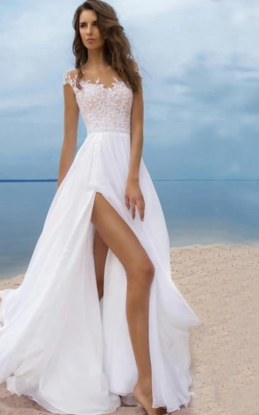 Sexy Beach Style Chiffon A-line Scoop-neck Cap-sleeve Slit Front Dress