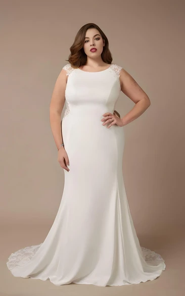 Mermaid Plus Size Satin Lace Sleeveless Wedding Dress Simple Casual Modest Elegant Bateau Neck Floor-length