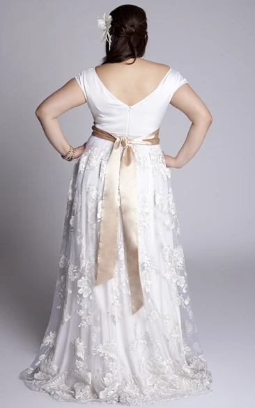Plus Size Off Shoulder A Line Vintage Lace Floor Length Wedding Gown With Sash June Bridals 
