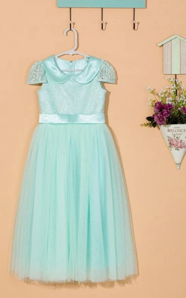 Cap Sleeveless Pleated Tulle&Lace Dress With Flower