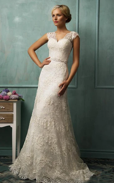 A-Line Cap Sleeve Strapless Ruched Lace Wedding Dress