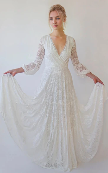 Simple Boho Deep V-Neck Informal Lace Floor Length Wedding Dress with Sleeves