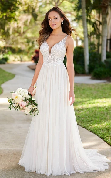 Simple Classic Tulle Applique Wedding Gown Garden A-Line Backless Spaghetti Wedding Dress