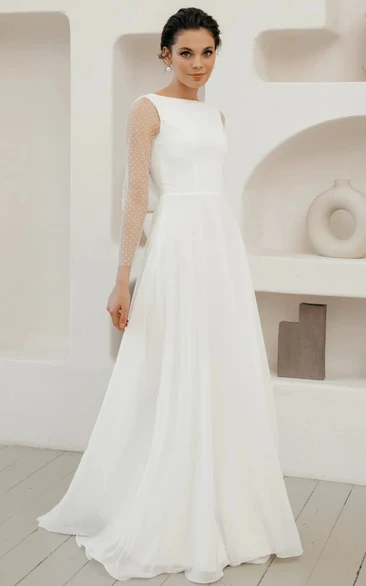 Modest Casual A-Line Chiffon Maxi Wedding Dress Minimalist Simple Sleeved Pearl Button Low Back Bridal Gown