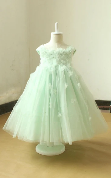 Mint Flower Girl With Handmade Flowers And Pearls Dress