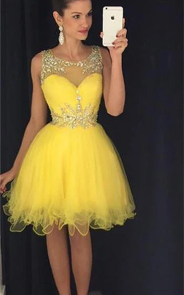 Glamorous Beadings Yellow Short Cocktail Dress Illsuion Sleeveless