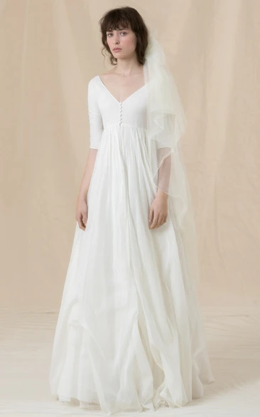 Ethereal A Line Floor-length Half Sleeve Tulle V-neck Wedding Dress with Ruching