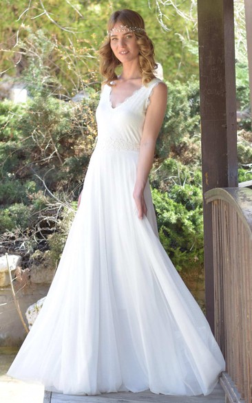Plunged Sleeveless Chiffon Lace Wedding Dress With Bow And Deep-V Back