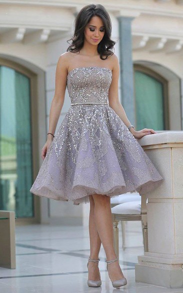 A-line Strapless Sleeveless Beading Sash Ribbon Sequins Knee-length Sequins Homecoming Dress