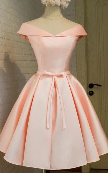 Ball Gown Off-the-shoulder V-neck Short Sleeve Bow Pleats Tea-length Satin Homecoming Dress