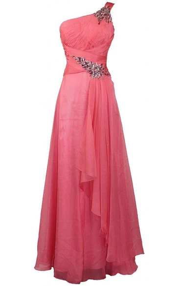 One-shoulder Long Dress With Beadings and Ruffles