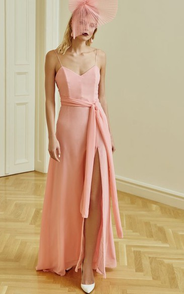Sexy A Line Sleeveless Chiffon Spaghetti Floor-length Guest Dress with Split Front
