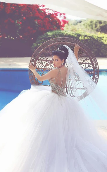 Gorgeous Beadings Tulle White Wedding Dress Ball Gown Straps Court Train