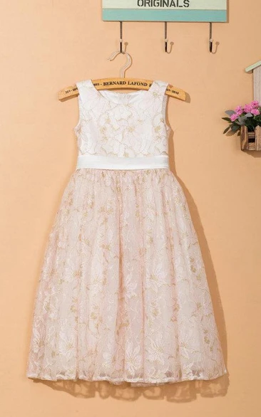 Sleeveless Jewel Neck Lace Dress With Bow&Flower