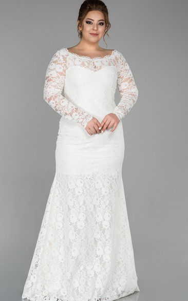 Modern Sheath Floor-length Long Sleeve Scalloped Lace Wedding Dress
