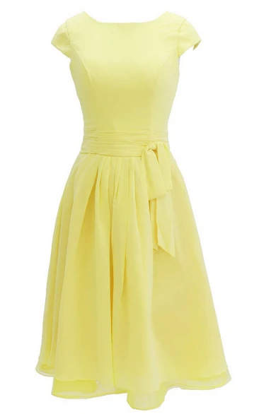 Cap-sleeved Knee-length Chiffon Dress With Ribbon June Bridals