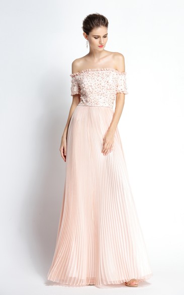 A-Line Off-the-shoulder T-shirt Short Sleeve Floor-length Chiffon Prom Dress with Beading