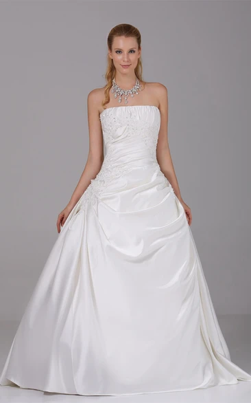 Strapless Ruched Satin Ball Gown with Appliques and Pick Up